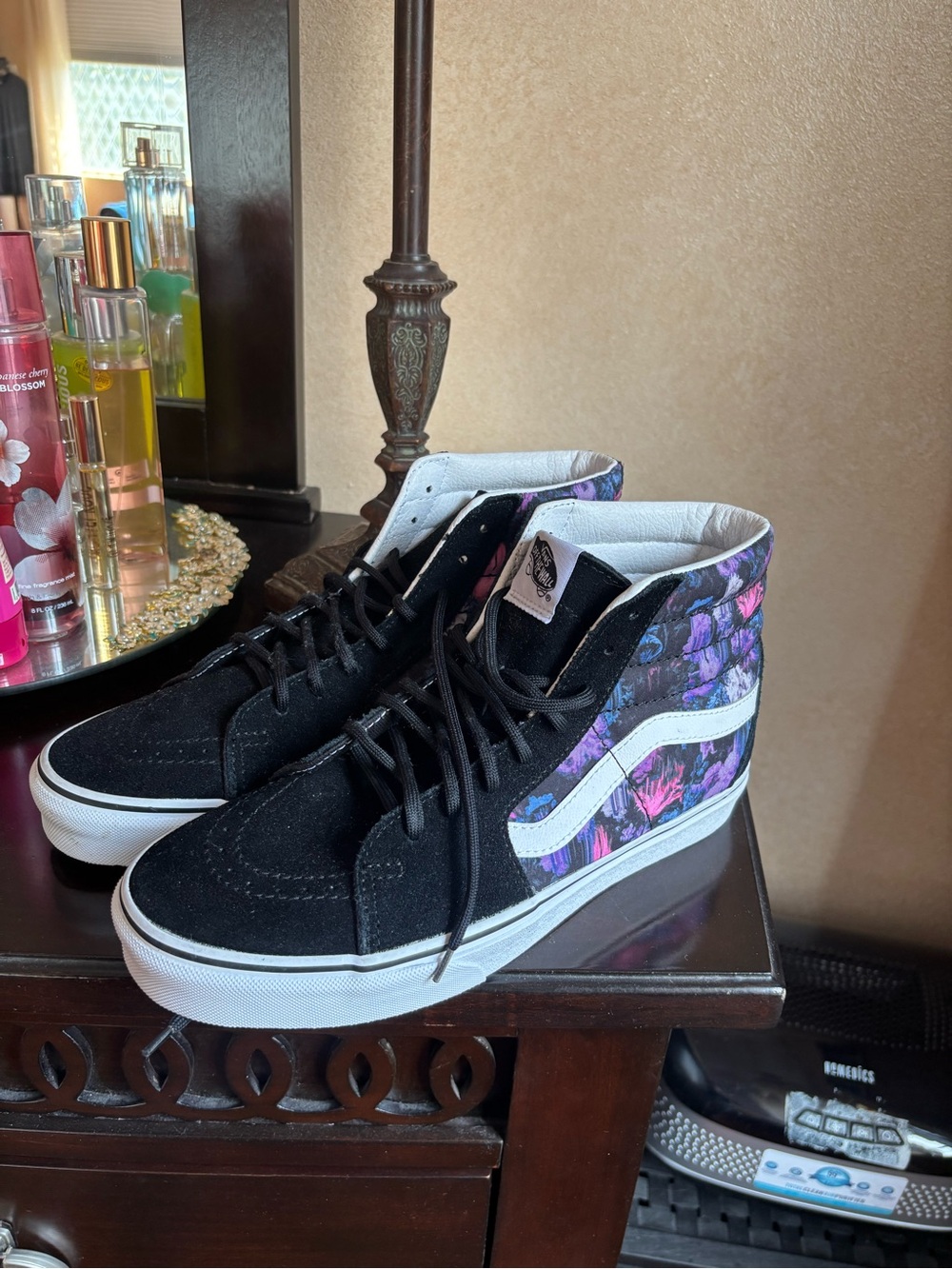 Vans Black High-Top Sneakers with Purple Floral Panels